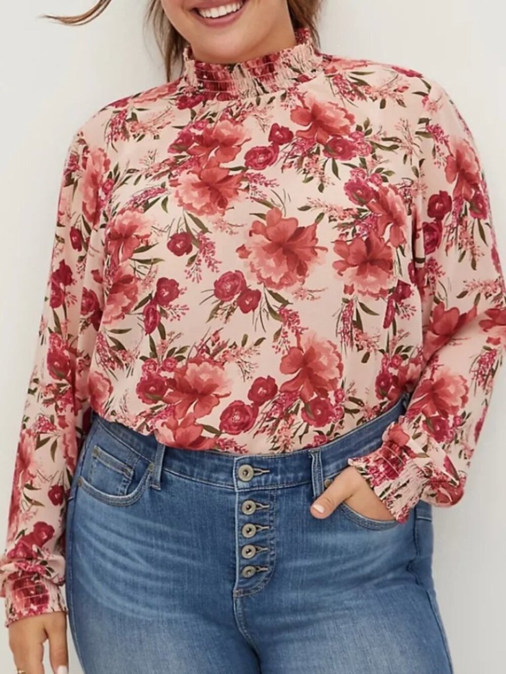 TORRID 2 Plus Size Chiffon Smocked Mock Neck Blouse Pink Floral Long Sleeve Fall